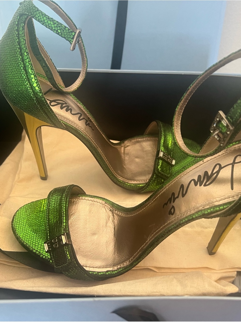 Lanvin Metallic Green Open-Toe Ankle-Strap Heels with Gold Stiletto